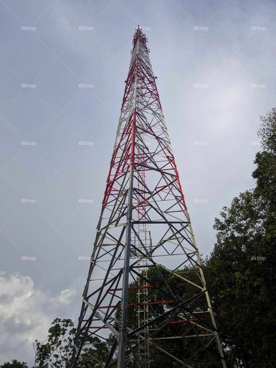 a tall cell tower in the Asian African style. the green wilderness and the blue cloudy skies also behind.