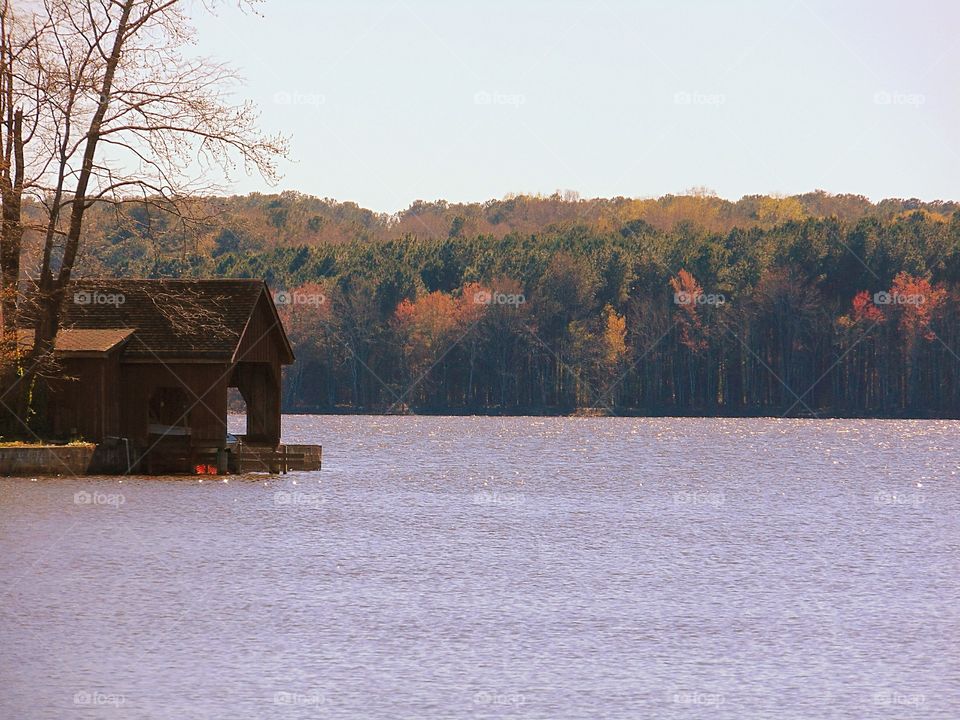 Small boat house on the lake.