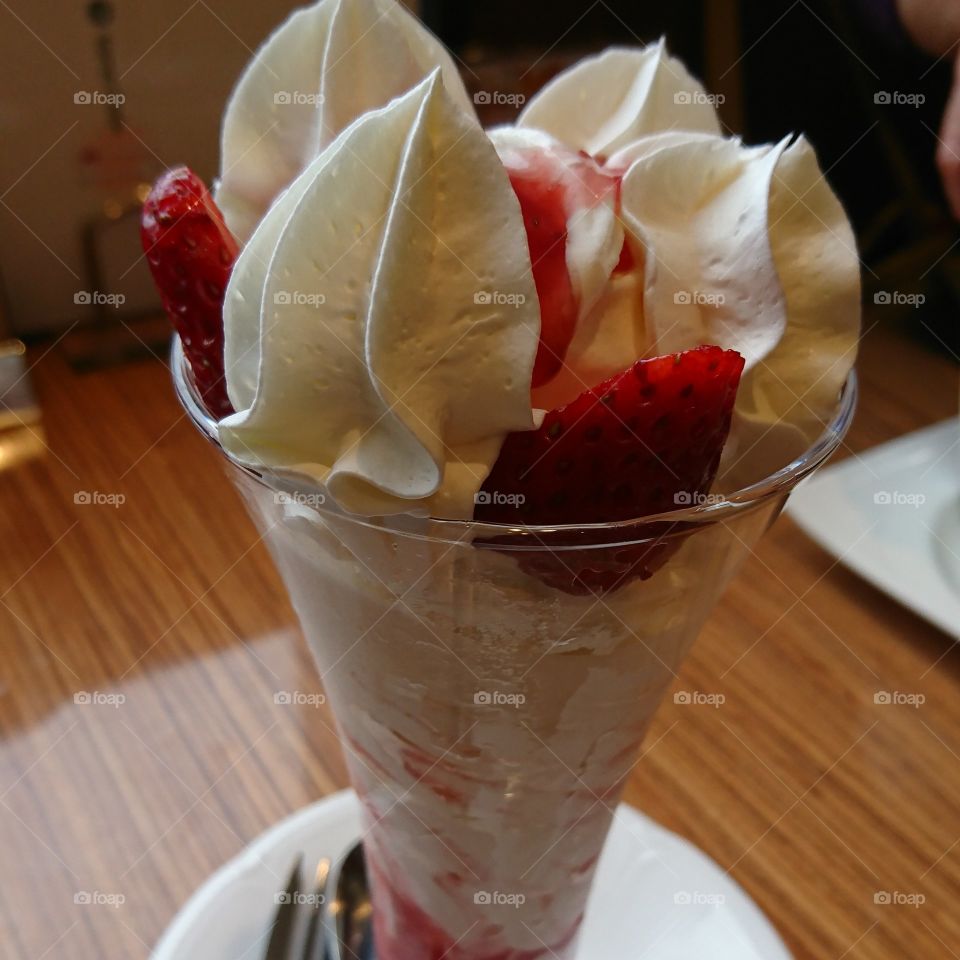 Sundae... Cream and strawberry.