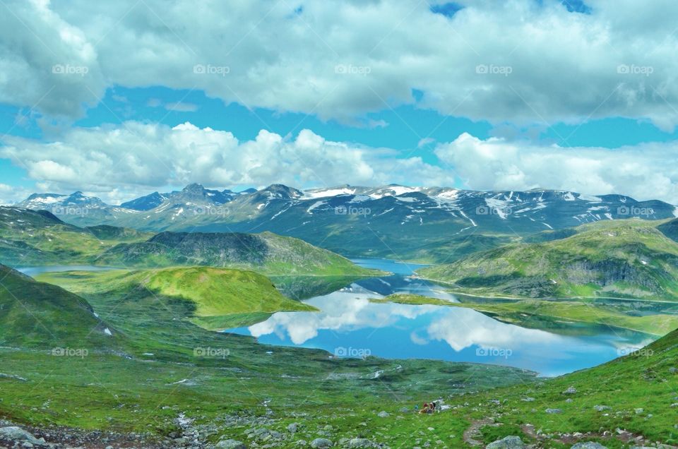 Landscape view of lake and mountains