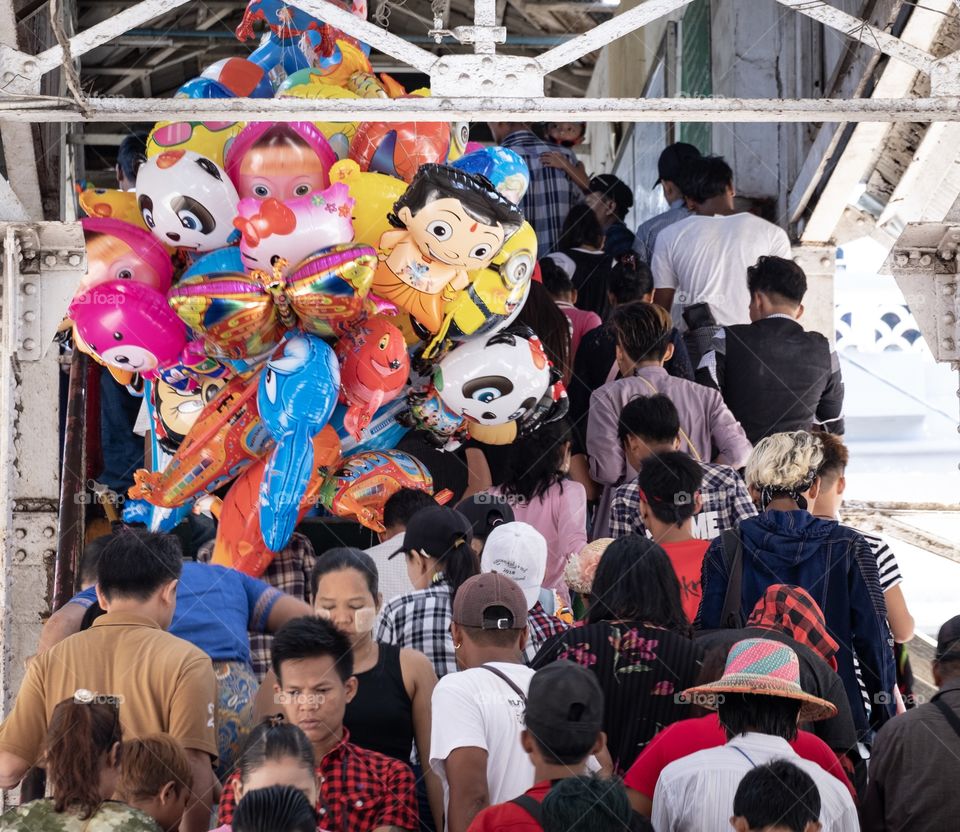 Rangoon/Myanmar-April 14 2019:Crowd People take train to travel in Myanmar New Year 