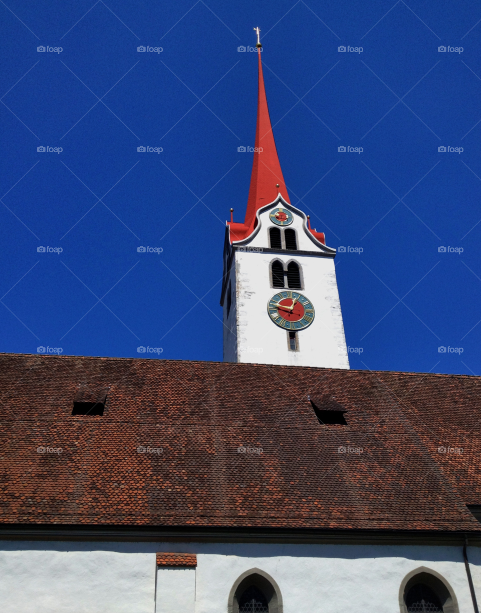sky blue red church by kcv