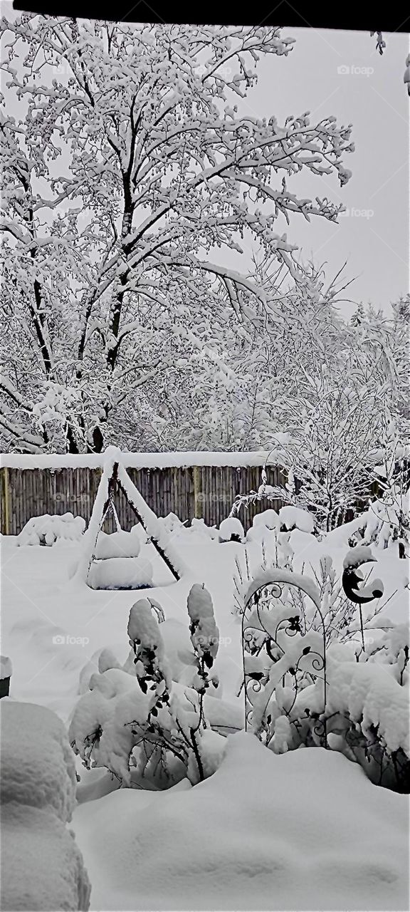 The garden of the beautiful house in „Bavaria“, Germany is now covered and heavy laden with snow during the big snowstorm of December 2023. Hypnotic Productions