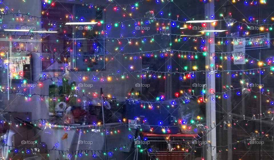 Night shop window, colorful lights