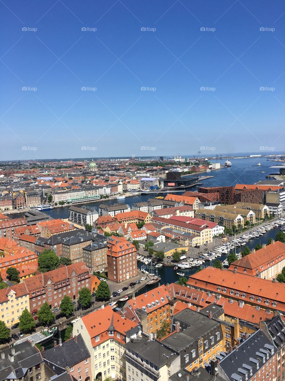 View of Copenhagen, Denmark from the top of the corkscrew spire of the Church of Our Savior. 