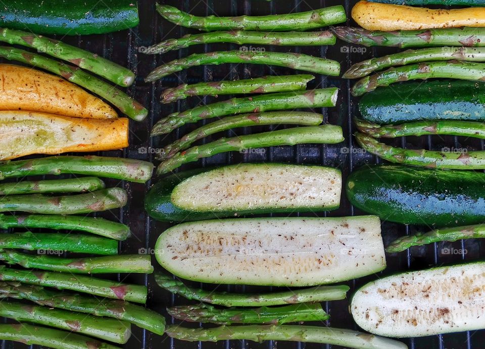 Grilling Green Vegetables. Zucchini And Asparagus On The BBQ
