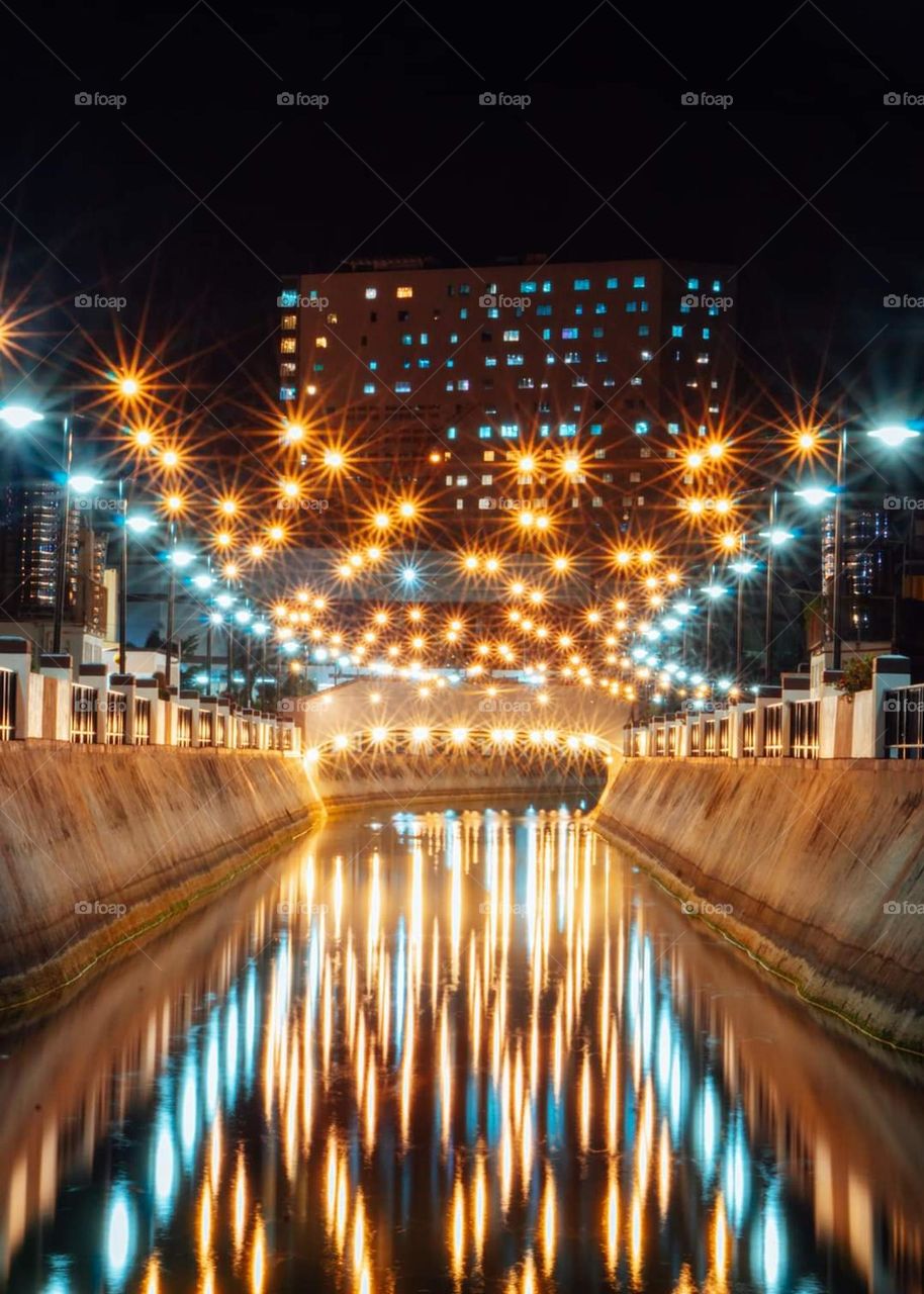 Lights at the canal on the CBD of Ilo-Ilo province in the Philippines