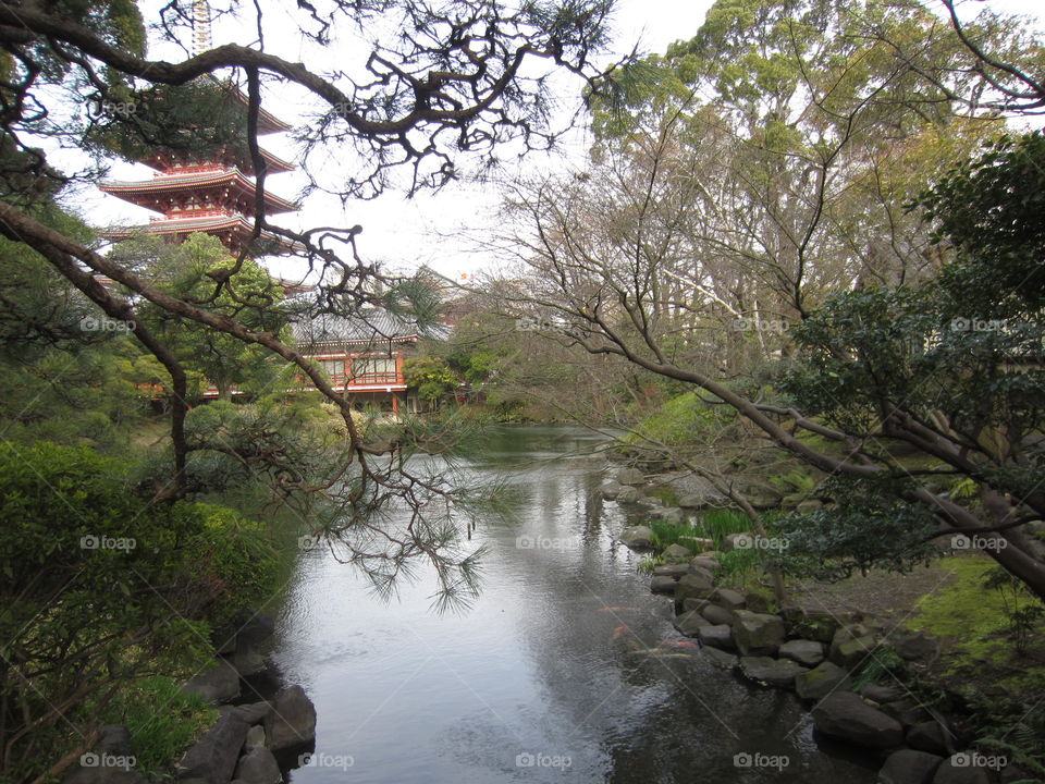 Asakusa Kannon, Tokyo, Japan. Sensoji Buddhist Temple. Gardens and Pagoda with River and Trees in Spring.