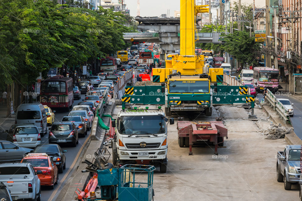 Construction of the BTS public train with traffic jam in Bangkok Thailand 