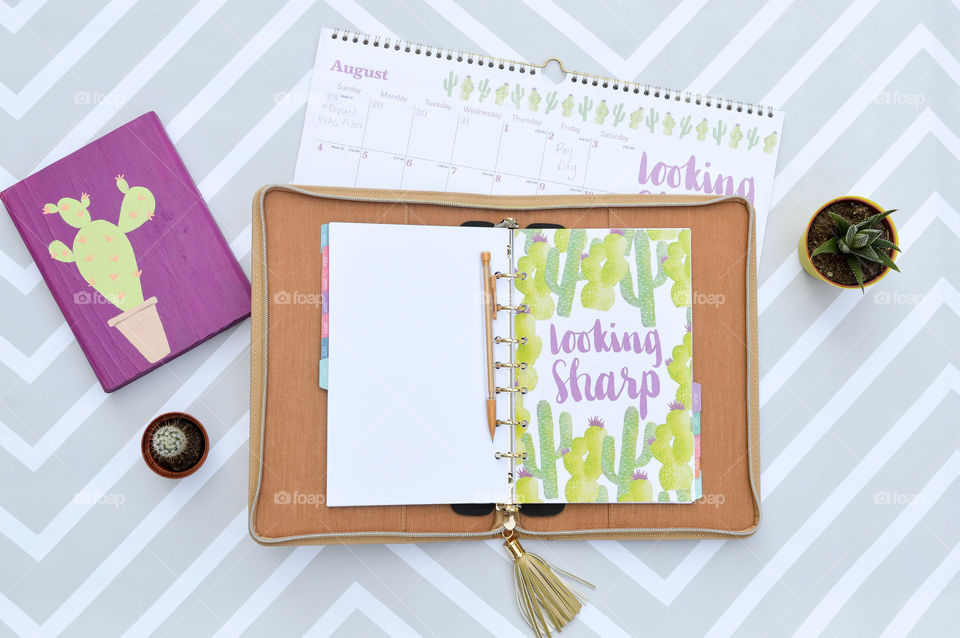 Flat lay of workspace consisting of a calendar, planner and cactus plant