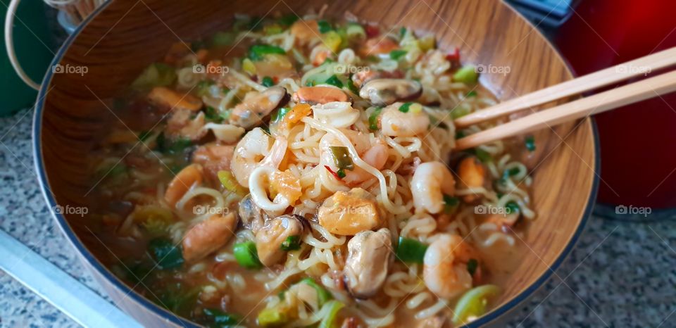 Home made seafood noodle soup
