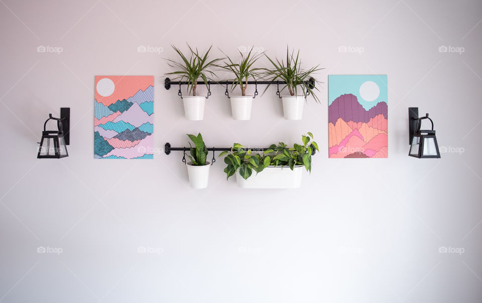 Wall art and hanging houseplants