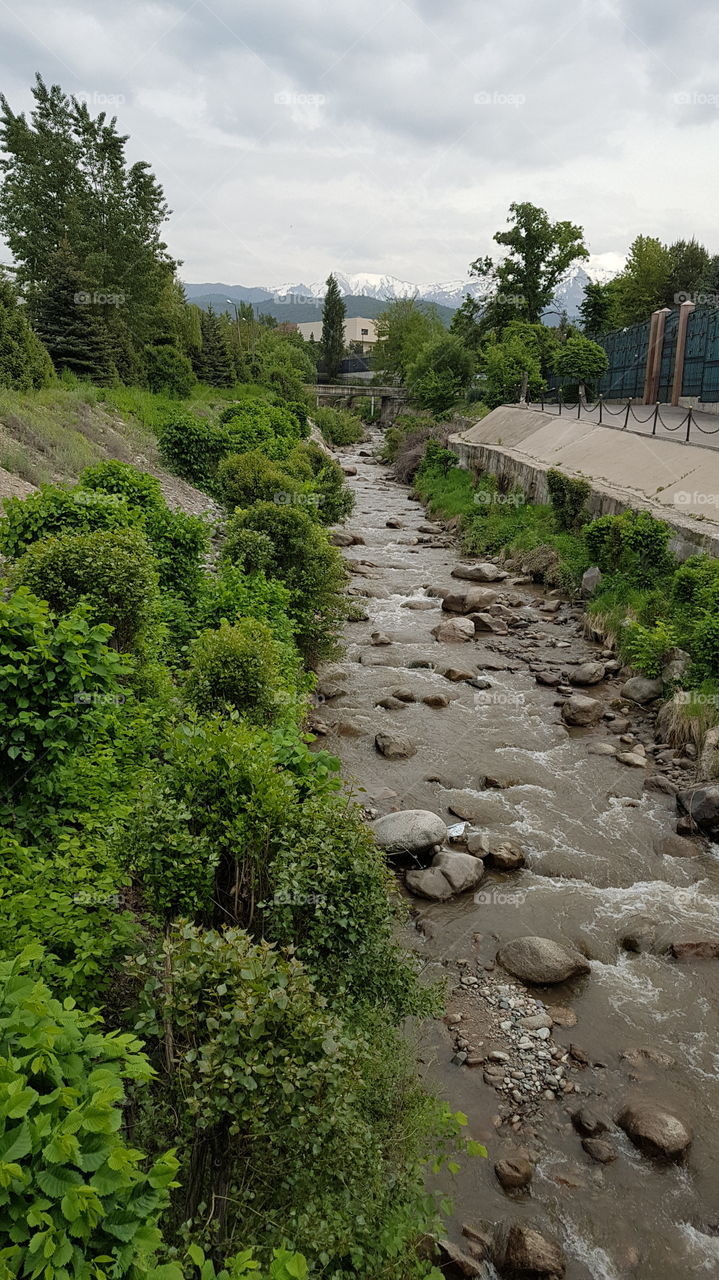 mountain river surrounded by buildings in spring