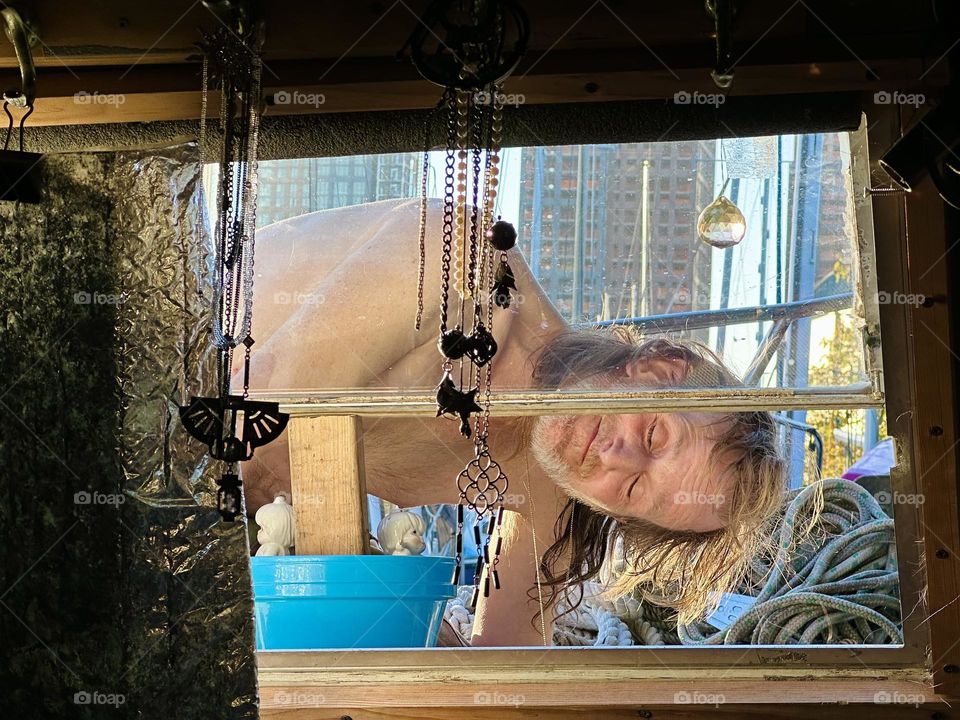 This is “Timothy Trespas”, my partner & friend taking a brief recess from a repair job closing his eyes. The “28 ft 1969 Luhrs” at “Newtown Creek” LIC, Queens we call “Salvation” has been our home & literally our salvation. 2023. Hypnotic Productions