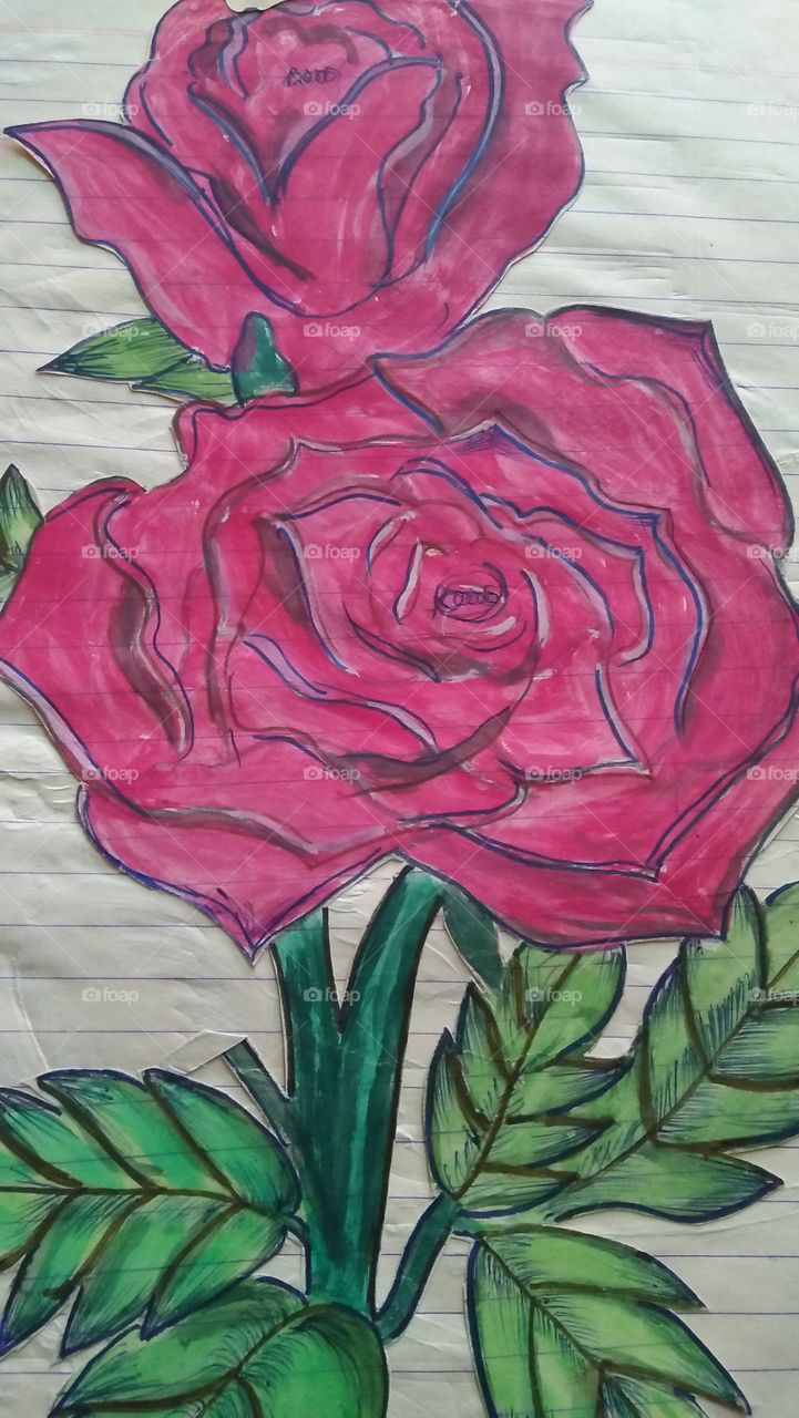 Free hand scratch art painting of red roses.