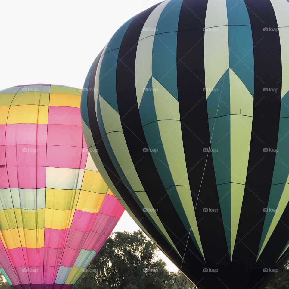 Contrasting hot air balloons ready to ascend at the 4th Annual Freedom Aloft Balloon Rally in Prineville in Central Oregon on a summer morning.
