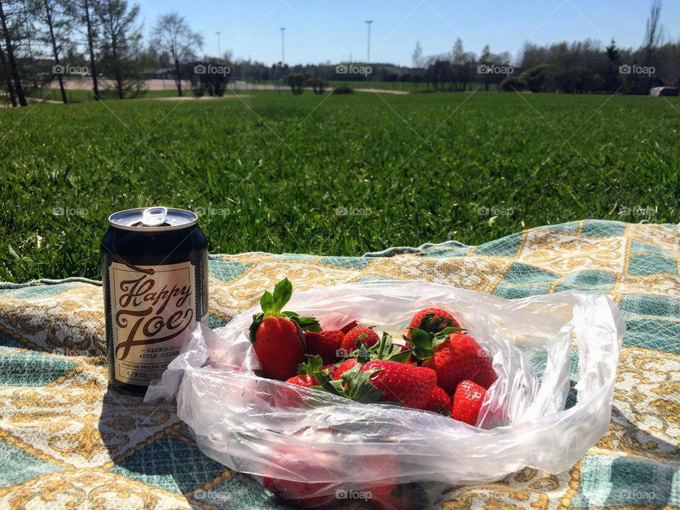 City picnic: quilt on the green lawn grass of the public park hills with cider can and plastic bag with red ripe strawberries 