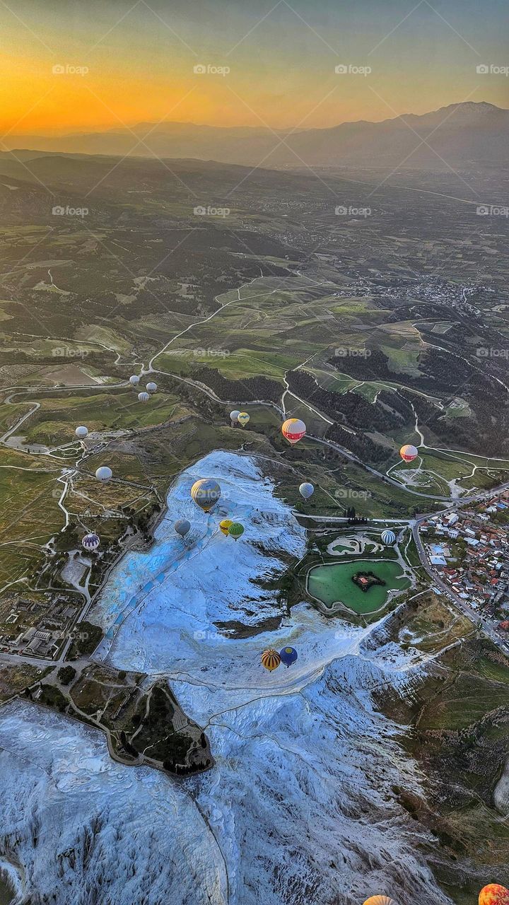 hierapolis and the mineral springs from high above in a hot air balloon