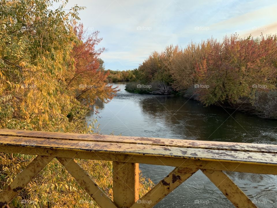 Fall colors on the river with an old bridge 