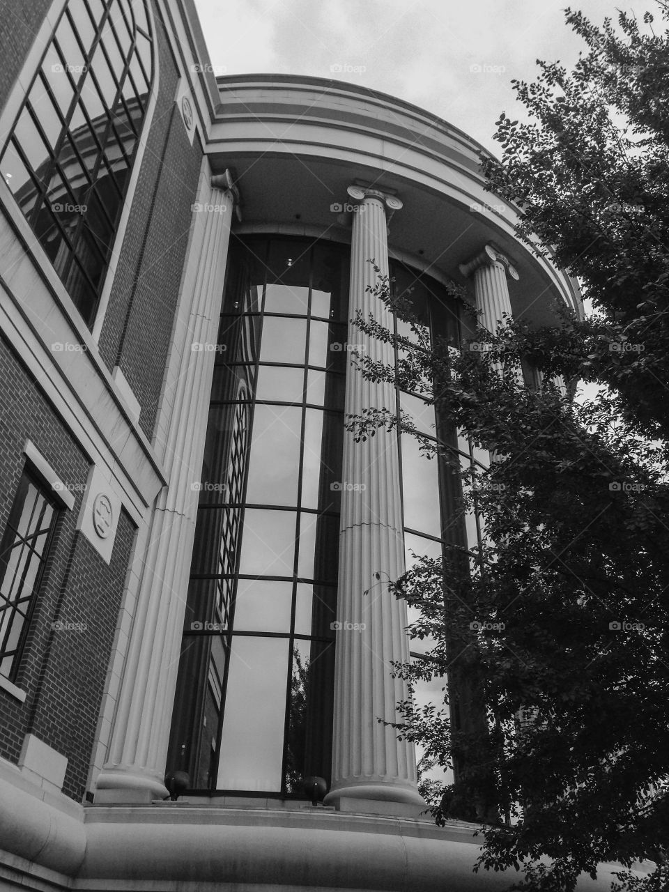 Black and white building. Curved columned building façade