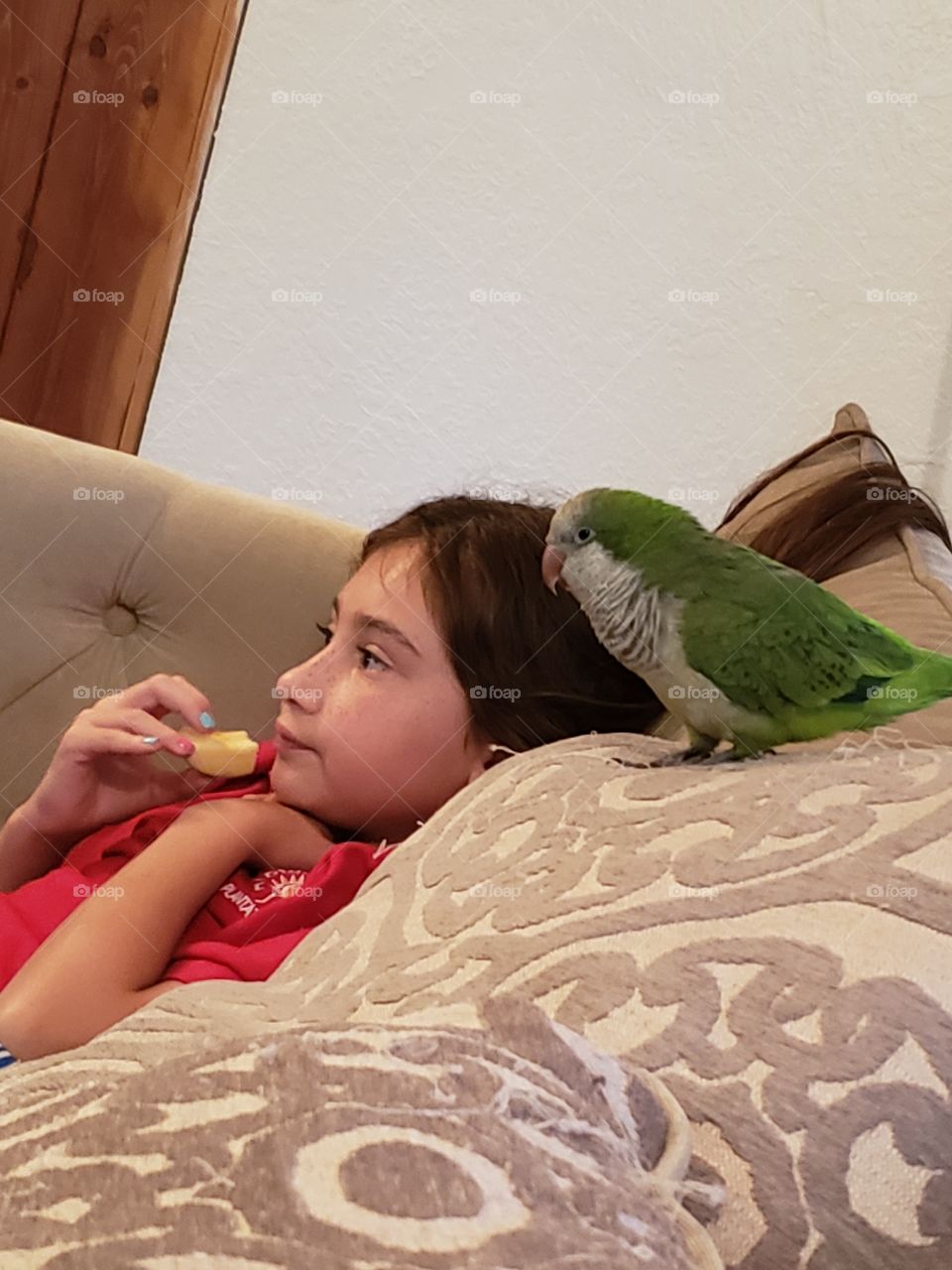 Real kid real bird eating an apple