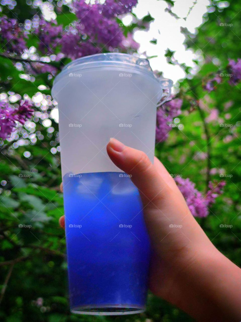 Small moments of happiness.  A woman's hand holds a glass with a blue drink against a background of blooming lilacs