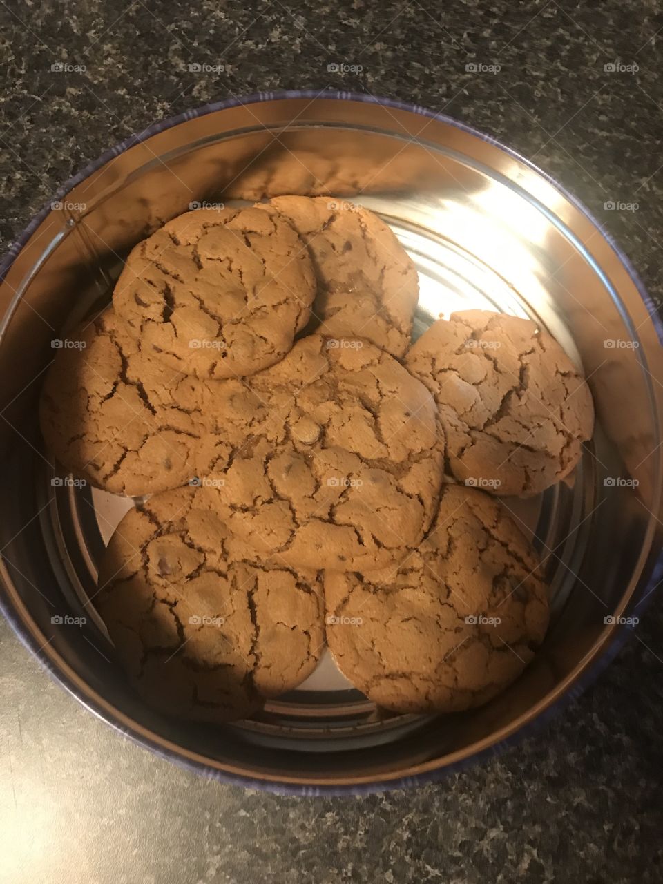 Delicious looking peanut butter chocolate chip cookies, half a dozen homemade cookies 