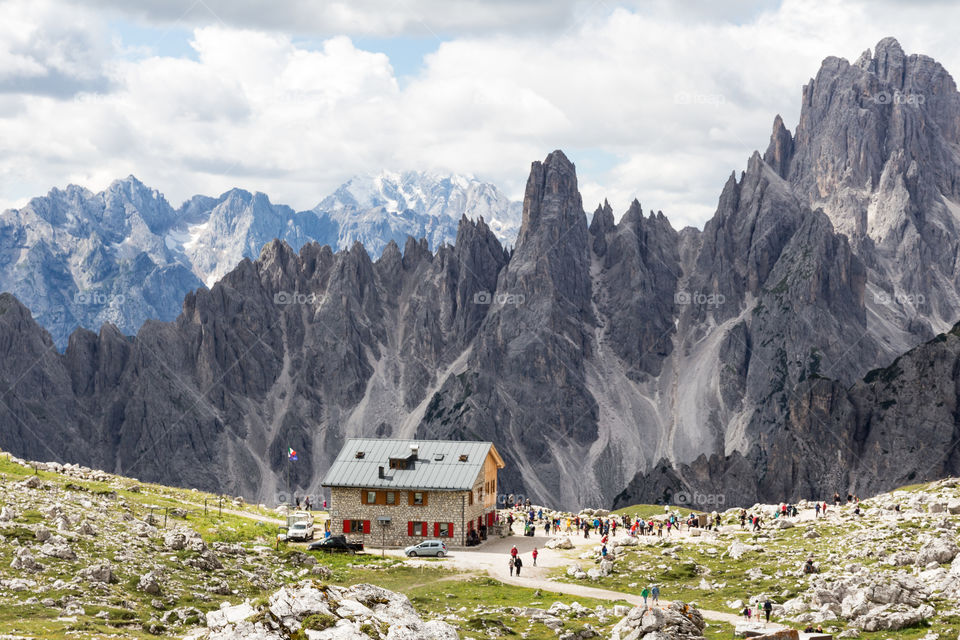 Hiking in the Dolomites, restaurant with an amazing view 