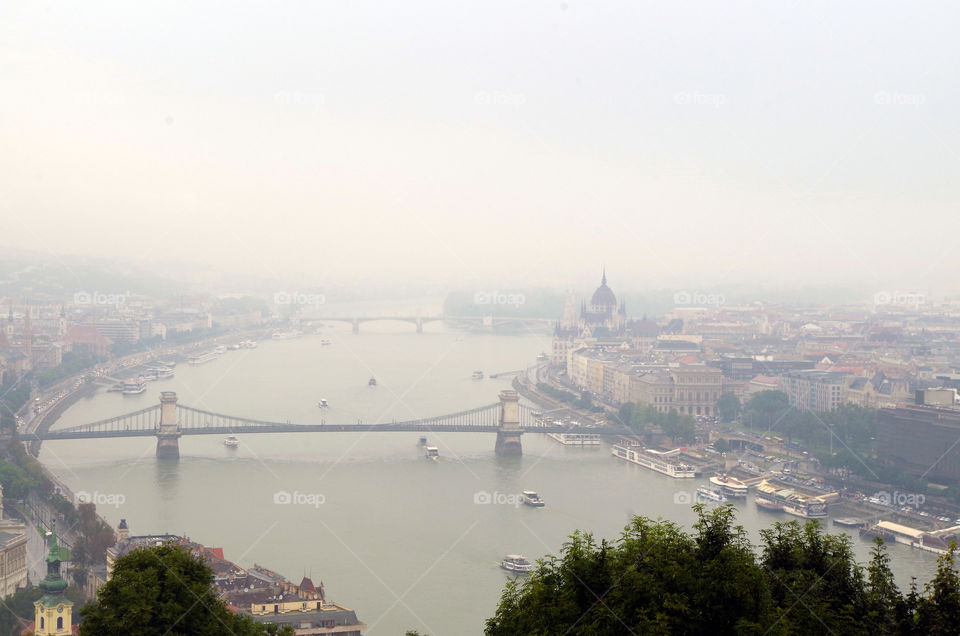 Panoramic view of Budapest on a foggy day.