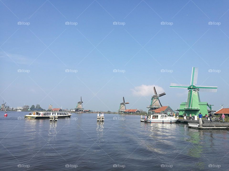 Old wooden windmills and houses, Zaanse Schans, Netherlands