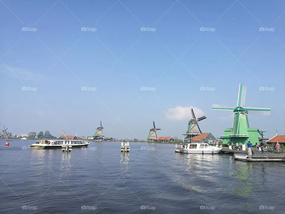 Old wooden windmills and houses, Zaanse Schans, Netherlands