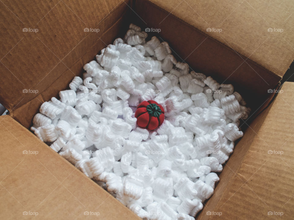 Little pumpkin in a cardboard box with styrofoam.