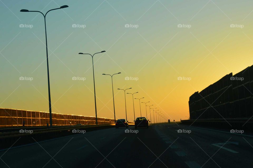 Golden hour during sunrise  on the expressway in Poland