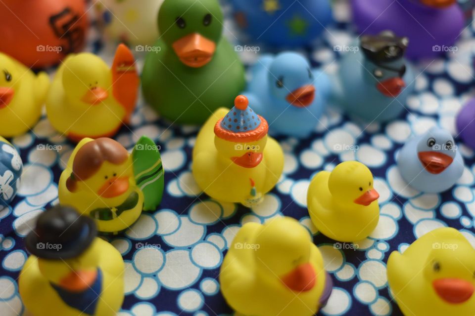 Assortment of rubber ducks.