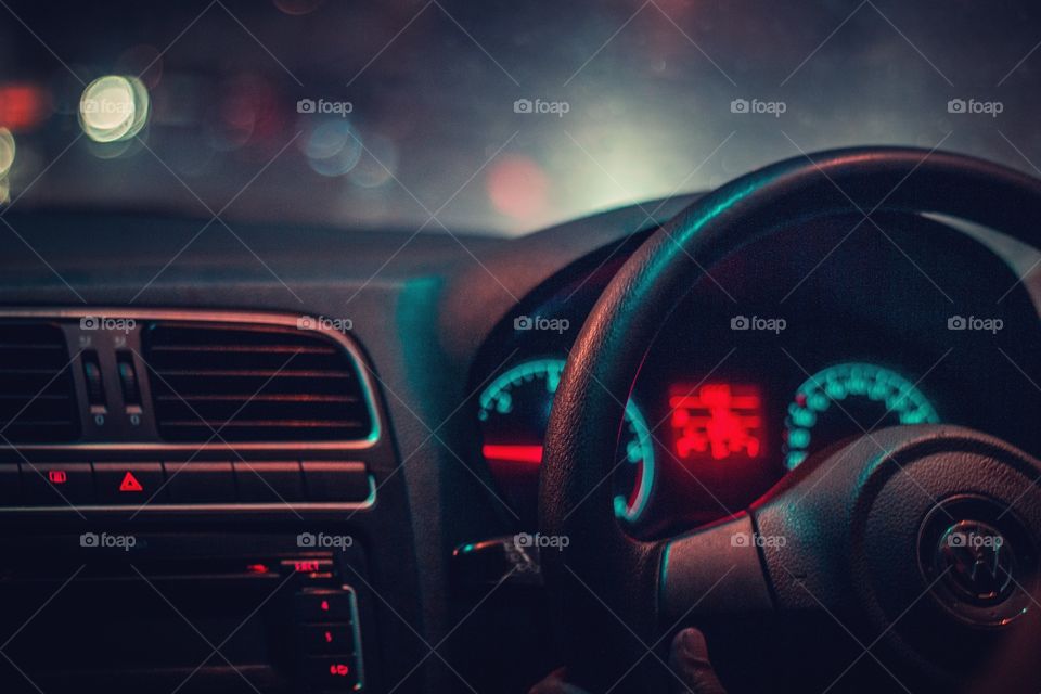 FEBRUARY 18, 2018 A PICTURE OF A STEERING WHEEL IN A CAR AT NIGHT AT KERALA, INDIA 
