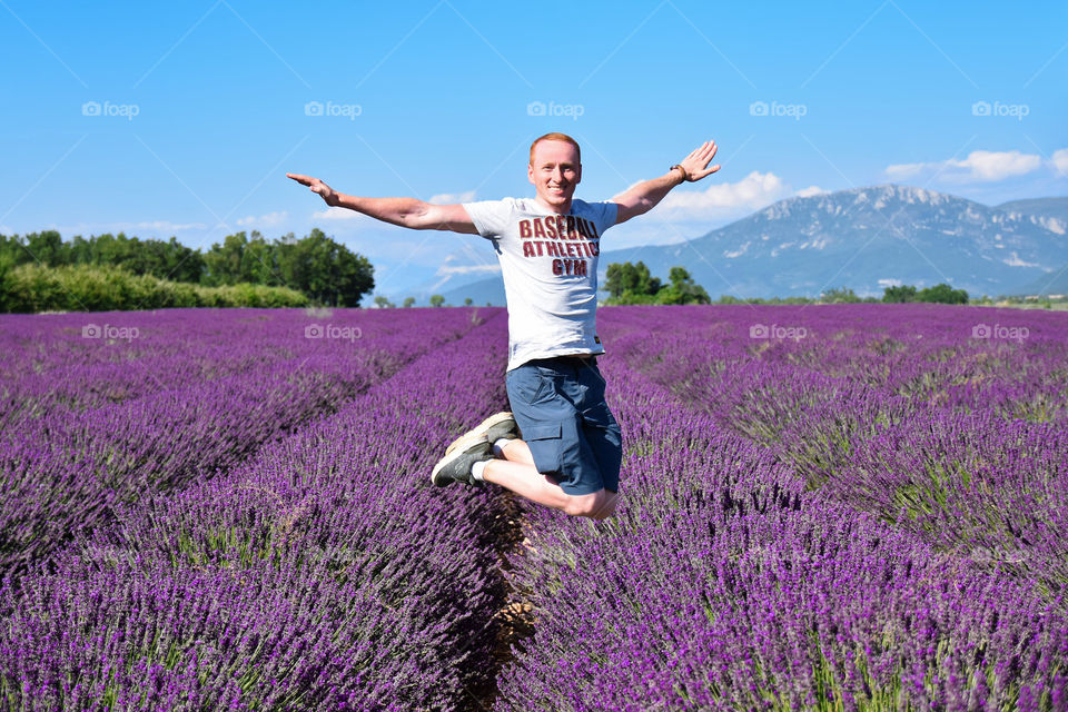 Jumping amid the lavender field