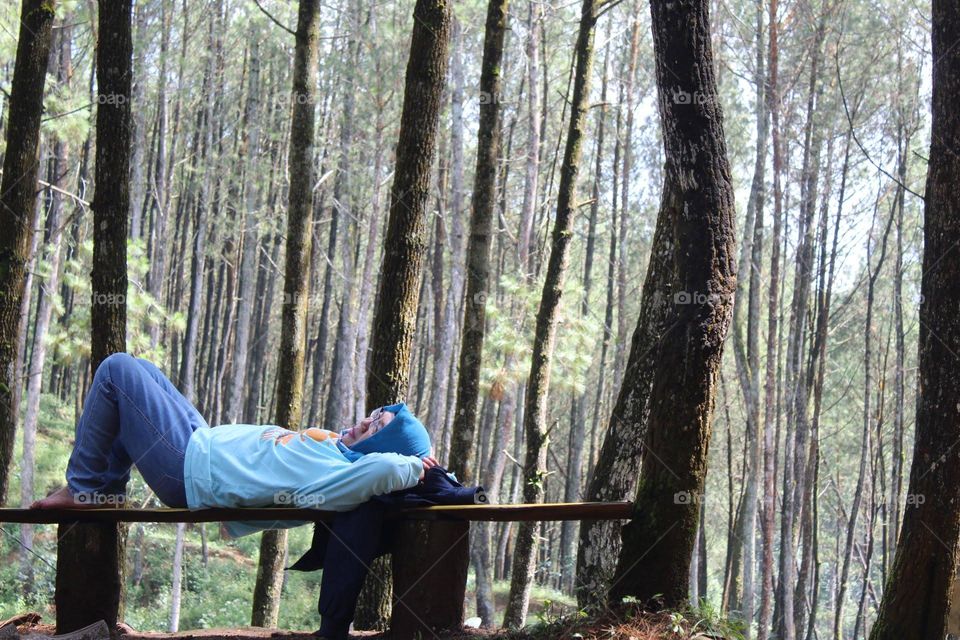 a woman relaxing in a pine forest