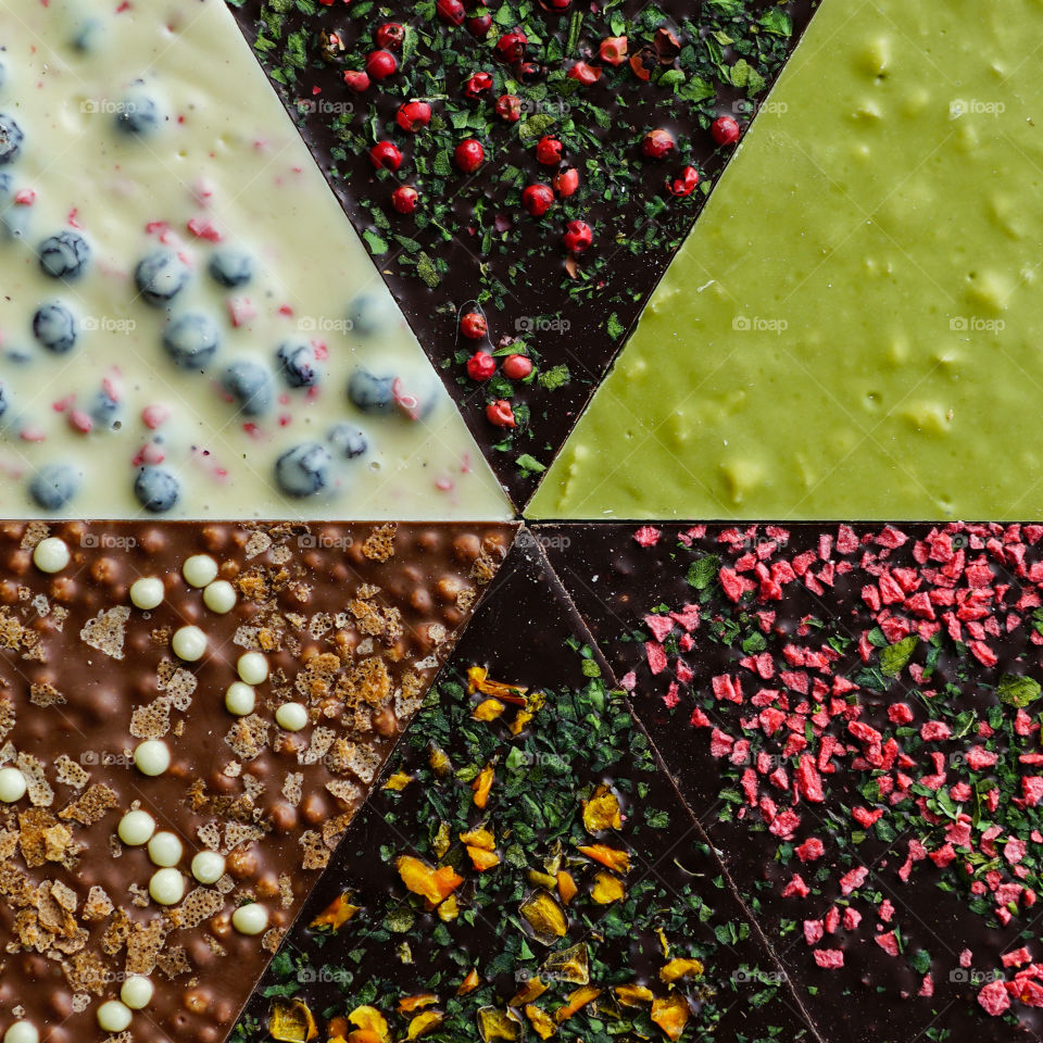 chocolate pizza, assorted white, milk and dark chocolate with a six different flavours