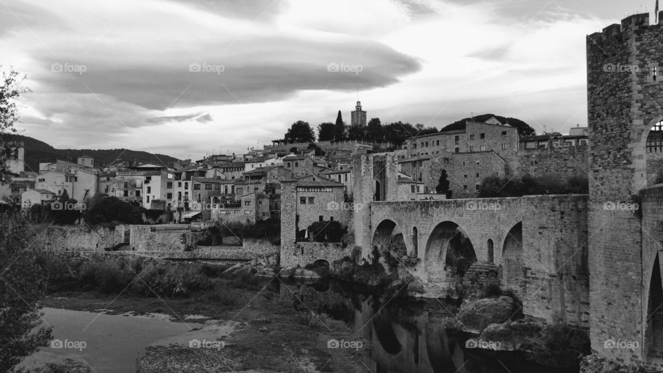 Medieval town in black and white.