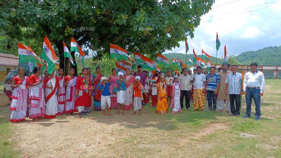 Countrymen taking out a procession with freedom fighter's tableaux on15 August Independence Day in Jharkhand India