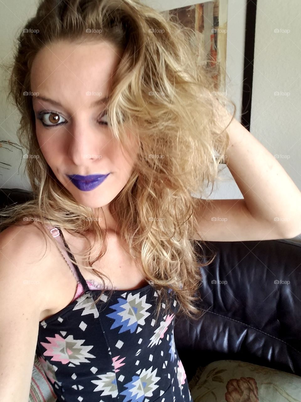 purple lip × ROMPER × MESSY SHOWER HAIR