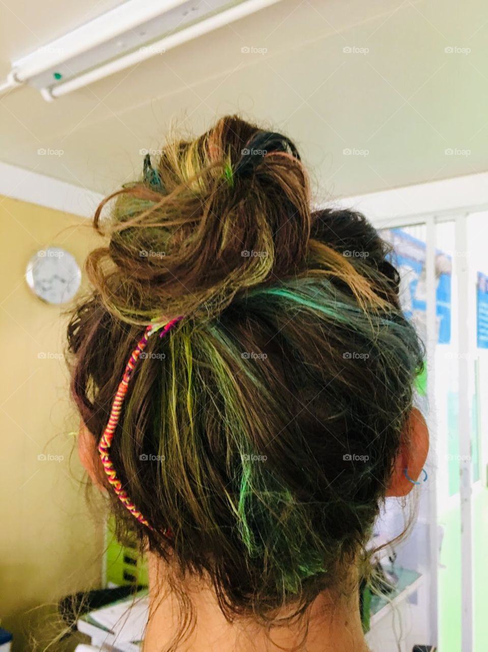 Hair dyed with neon pastels to give it such a rainbow mix in her hair. Didn’t last very long but it looked nice and was easy to clean with just shampoo. 