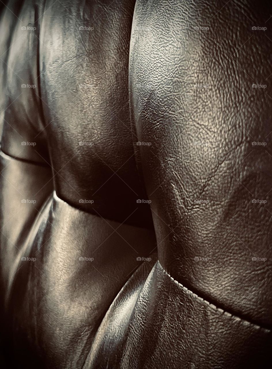 A dark brown leather couch cushion catches the light.