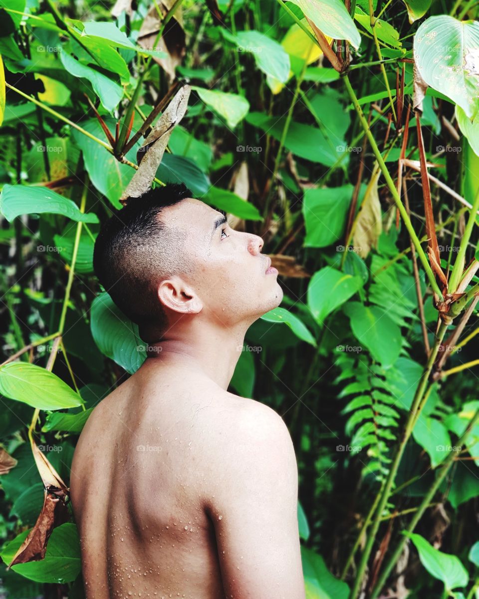 Shirtless man standing in rainforest