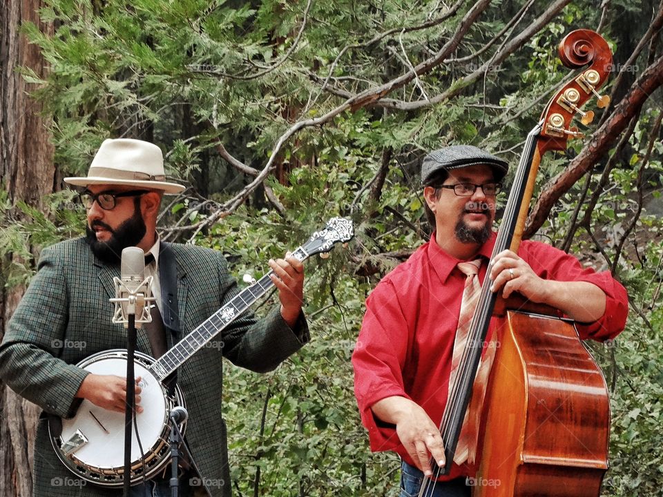 Bluegrass Musicians. Musical Duo Playing Banjo And Standup Bass