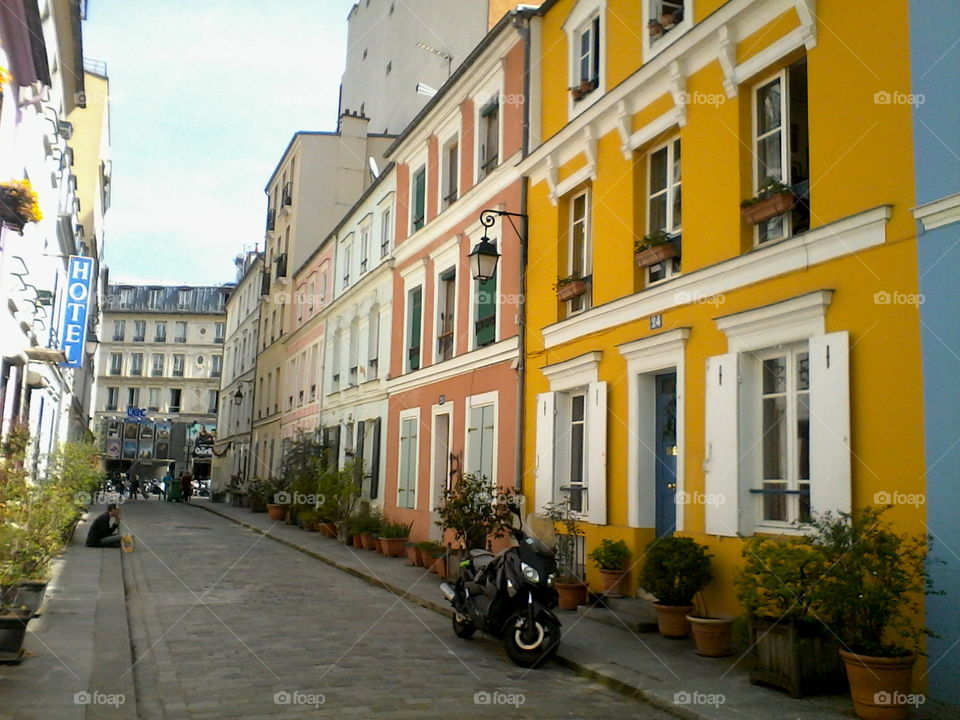 Paris street Rue Crémieux. Colourful houses in Rue Crémieux, a little street in the 12th arrondissement of Paris.