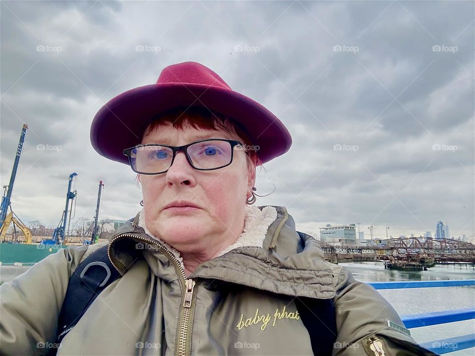 This is me, “Petra Schiller” a.k.a. “Maxine Firefox” a.k.a. “Maximiliane Feuerfuchs” walking on “Borden Avenue” towards “Review Avenue” in LIC, Queens to pick up a delivery at my storage facility. 2023. Hypnotic Productions