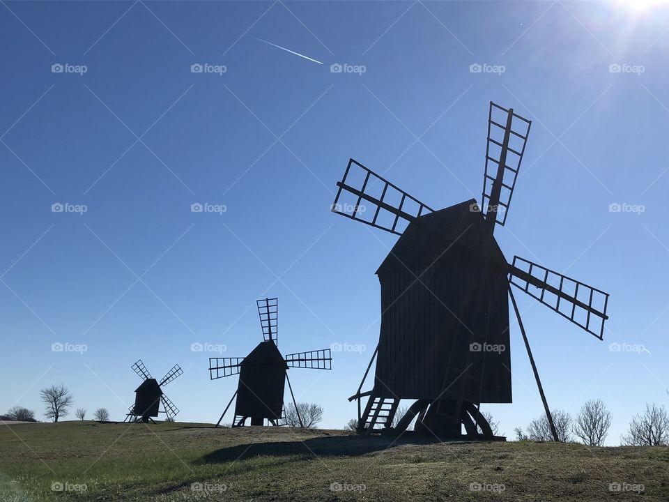 Three windmills standing on beautiful Öland in Sweden