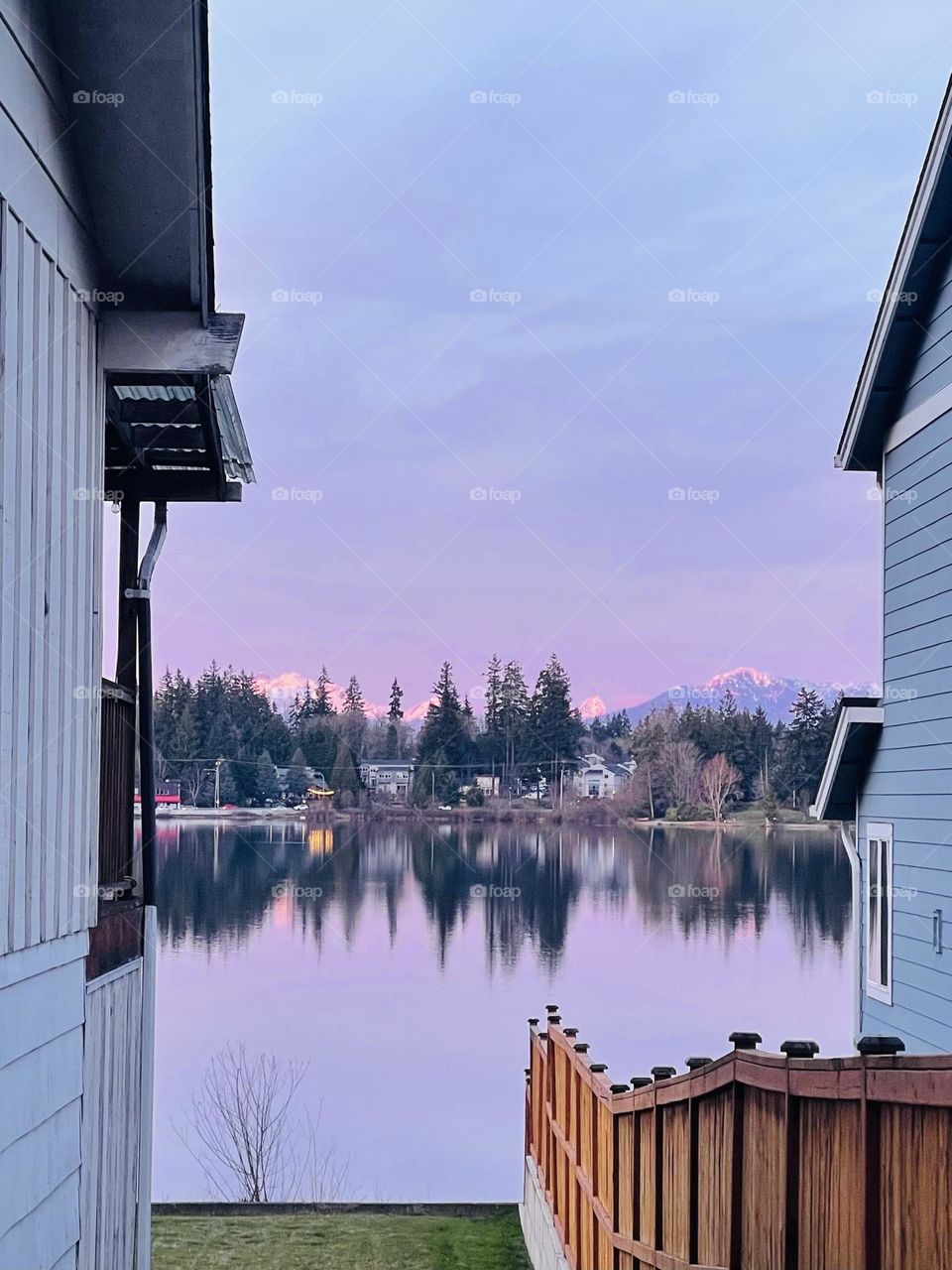 Beautiful purple sunset on the lake 