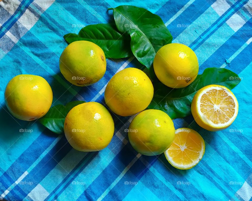 yellow ripe sweet limes on a blue kitchen cloth on table